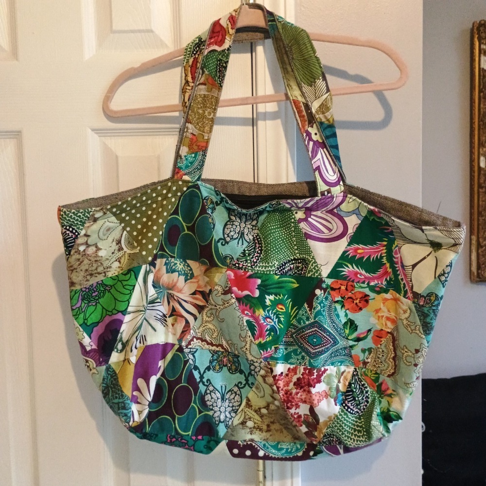 Boho Butterfly Patchwork Tote Bag XL 24x14 Zip Top Multicolor Plum Teal‎ hobo - Picture 2 of 14